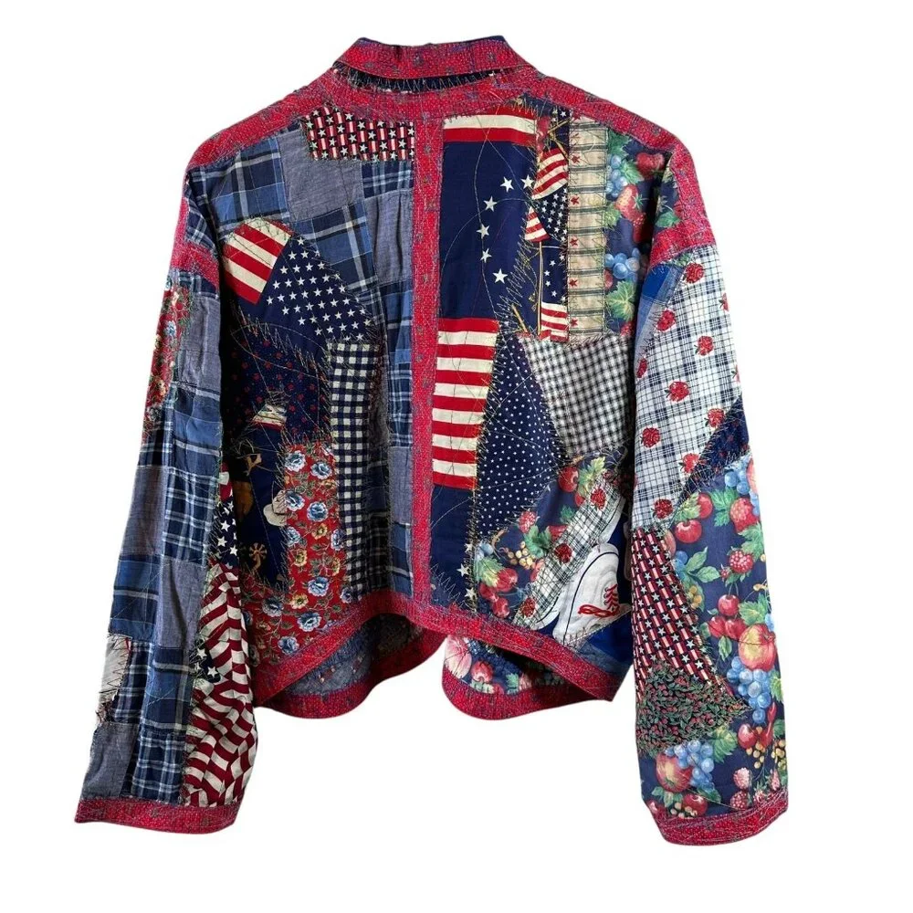 Vtg Kay Louise OOAK Red White Blue Patchwork Cotton Jacket Boho Handmade M/L - Picture 5 of 6